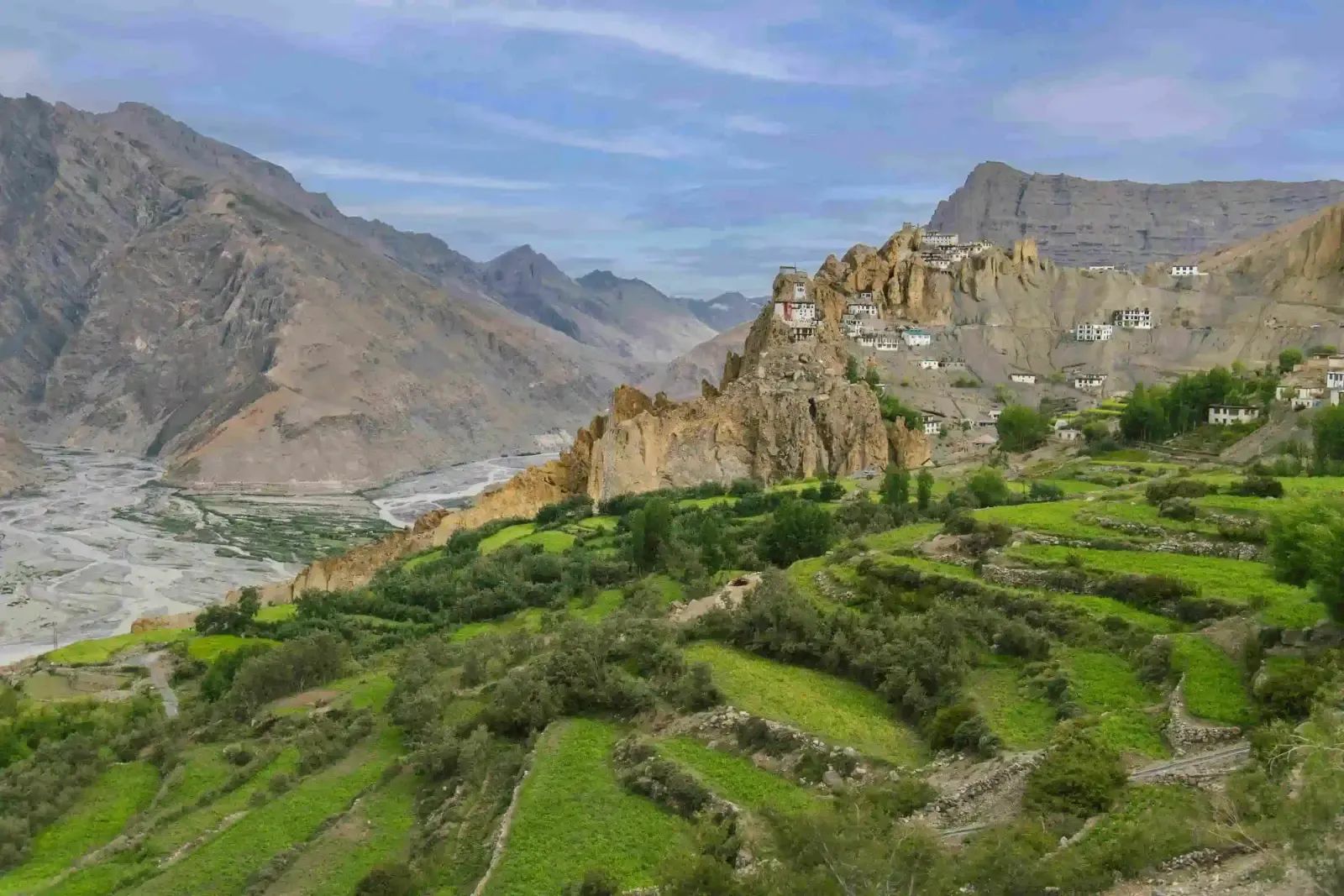 Dhankar’s buildings perched along a crumbling rock spur, green barley terraces below and the braided river flats beyond.