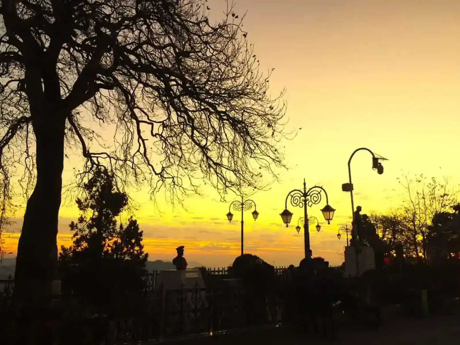 Bare trees and cast-iron lamp posts in silhouette along a promenade, the sky behind them orange at sunset.